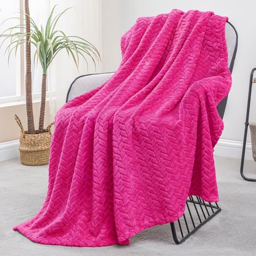 Image of Exclusivo Mezcla Fleece Throw Blanket for Couch and Bed, 50x70 Inches Soft Cozy Jacquard Flannel Blankets, Lightweight Fuzzy Plush Warm Throws for Women, Hot Pink