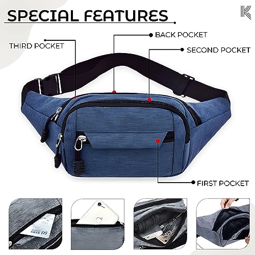Image of Kraptick Premium Unisex Waist Bag for Men and Women - Stylish Travel Pouch, Fanny Pack, Running Waist Pack (Blue)