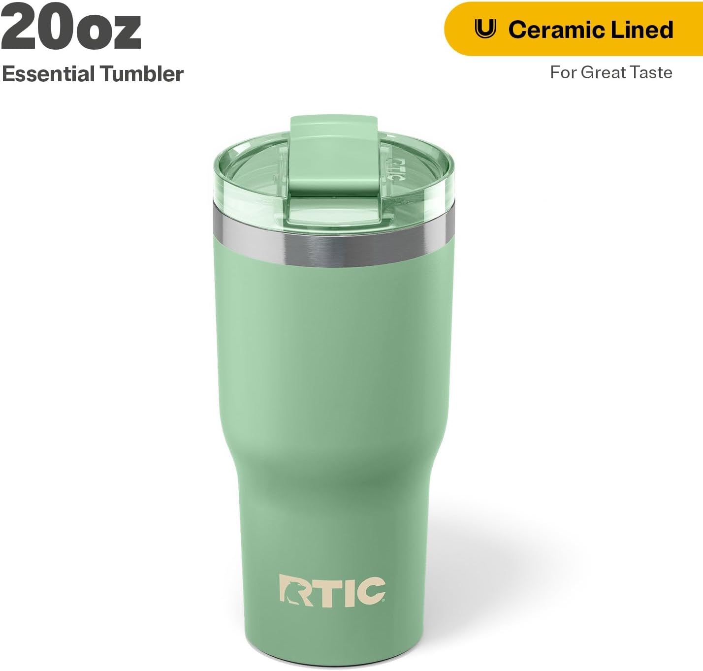 RTIC 20oz Essential Tumbler with Lid, Ceramic Lined, Insulated, Stainless Steel, Metal, Double Wall Vacuum-Insulation, Travel Cup for Iced Coffee, Tea, Hot and Cold Drink, Sage - Image 2