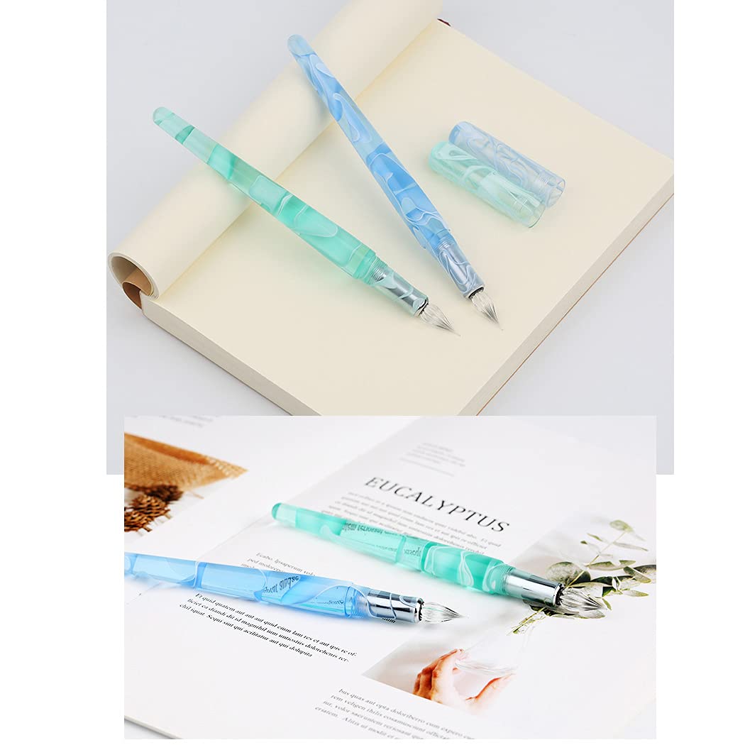 Penna Stilografica E A Immersione MAJOHN 2-in-1 In Resina Acrilica Blu Con 5 Pennini Di Ricambio