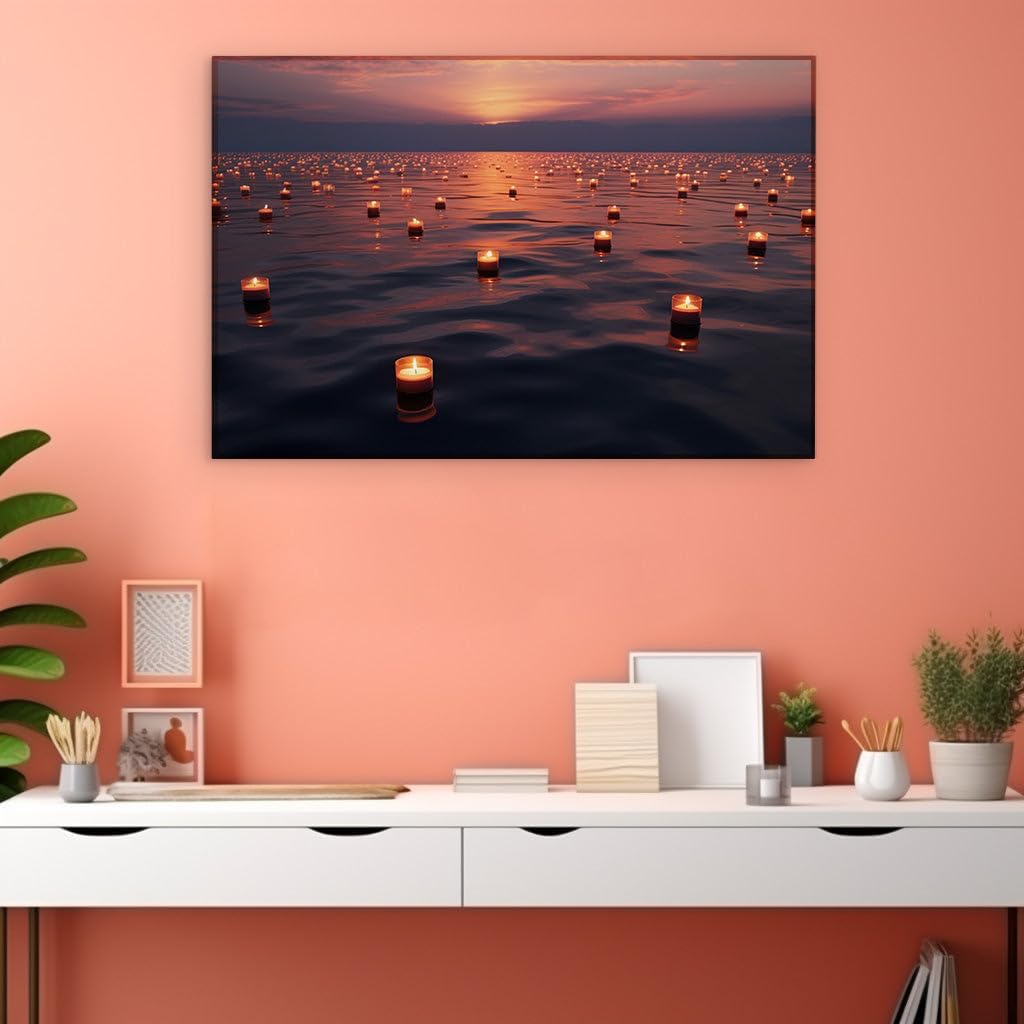 Canvas for Living room. Candles on the Water - Illuminating Sunset Serenity, 27 x 18 inch Canvas Wall Art - Modern Home Decor - 91x61 cm (36x24 inch)