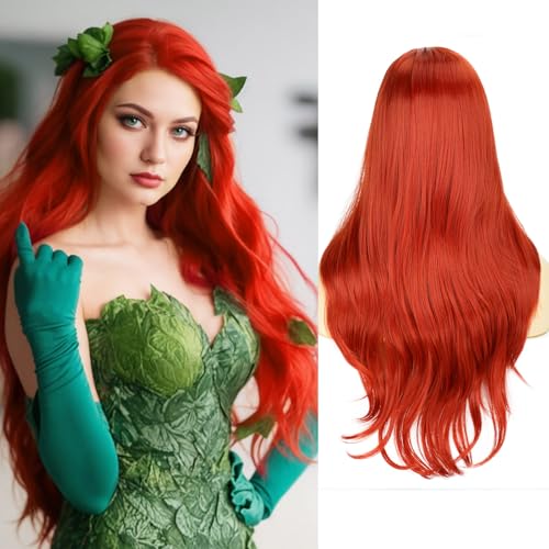 TOPHR Long Red Wig for Women Curly Wavy Red Wigs with Side Part Natural Looking Heat Resistant Synthetic Fiber Wig for Halloween Costume Party Wear