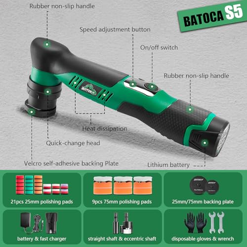 BATOCA S5 Cordless Mini Car Polisher Buffer Machine Dual Action & Rotary Mini Polishing Machine 1x 12V 2A Battery with 1inch 3inch Polishing Pads Kit for Car Motorcycle Deatiling Polish Buffing Clean by BATOCA - Image 3