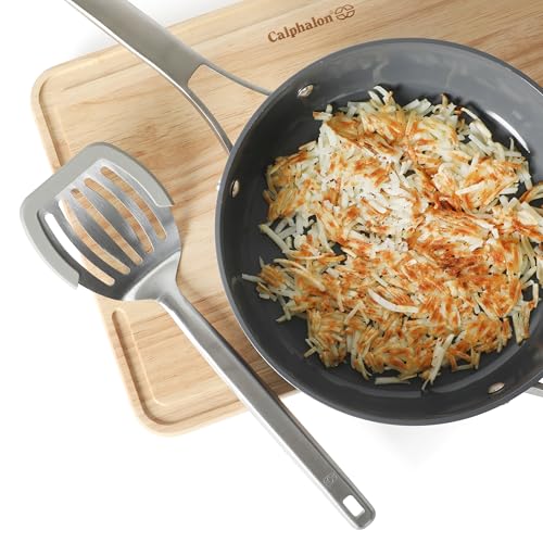 Image of Calphalon Prime Slotted Turner, Stainless Steel Wide Slotted Spatula with Silicone Rim for Nonstick Cookware, Heat Resistant Durable Kitchen Tool for Cooking, Flipping, Draining and Serving