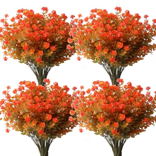 YXYQR 10 Bundles Outdoor Fall Artificial Flowers, Outside Fake Autumn Plants UV Resistant, Indoor Faux Plastic Hanging Greenery Shrubs for Window Box Pot Garden Thanksgiving Decor (Fall Orange)