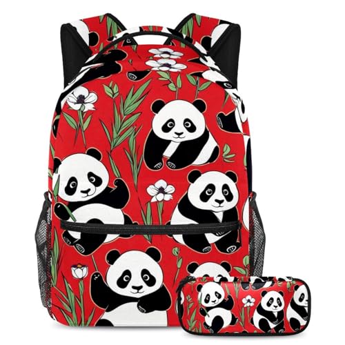 Cartables pour garçons motif panda mignon sur rouge avec trousse assortie, lot de 2 pièces
