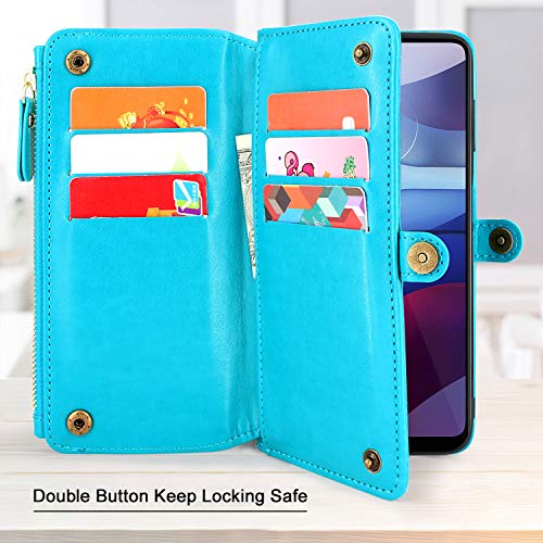 Lacass [Cards Theft Scan Protection 10 Card Slots Holder Zipper Pocket Wallet Case Flip Leather Cover With Wrist Strap Magnetic Closure Stand Carrying Pouch For Moto G Power (2021)(Floral Blue) #TOP2
