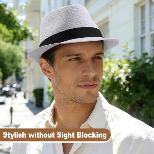 Image of Straw Fedora Hats for Men Women, 1920s Short Brim Trilby Panama Hat Summer Beach Sun Cap