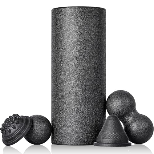 Fitnessrolle Faszienrolle Set 5-T Faszienball Blackroll Foam Roller Faszien Set mit Faszienball Faszienrolle Klein und Duoball Triggerpunkt für Yoga Faszien Training von Muskeln Schwarz
