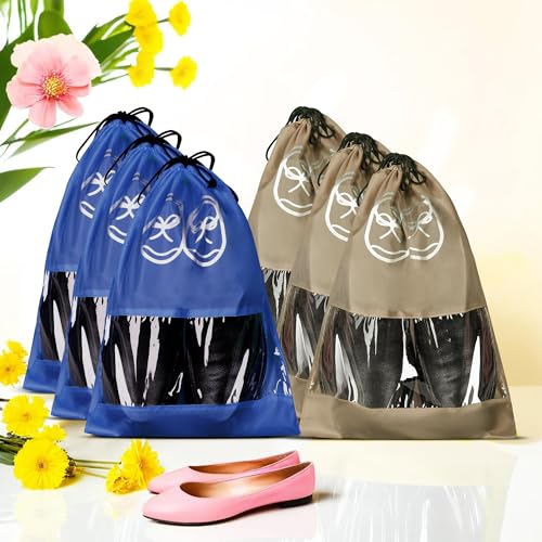 Image of Heart Home Pack of 6 Travel Shoe Organizer | Storage Bags | Travel Carrying Bag | Storage Organizers Set | Shoe Cover with Transparent Window | Shoe Dori Cover | Brown & Royal Blue
