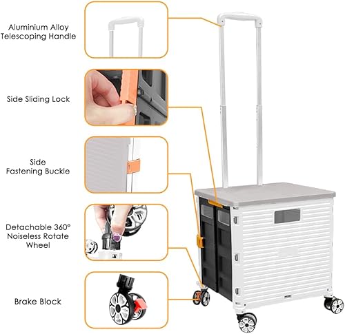 Miniatura 2 de SELORSS Carrito plegable portátil plegable con ruedas, cesta de mano rodante, carrito para profesores con tapa, resistente al desgaste, rueda