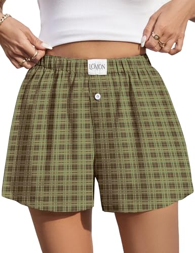 Image of LOMON Womens Boxer Shorts Casual Summer 2026 Pajama Lounge Sleep Pj Gingham Plaid Shorts Y2K Beach Bottoms