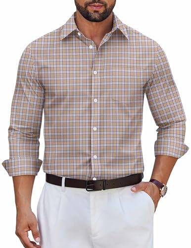 COOFANDY Mens Dress Shirts Long Sleeve Plaid Cotton Button Down Shirts Wrinkle Free Business Casual Shirt
