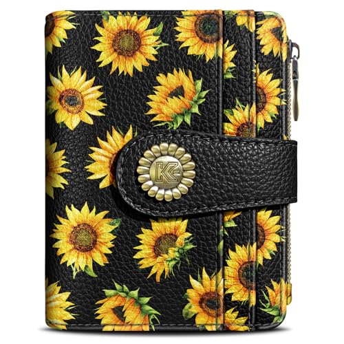 Image of Kelvoris Sunflower Small Rfid Women Wallet Bifold Zipper Coin Pocket | PU Leather Compact Cash Credit Card Holder, Travel Purse for Female Ladies Teen Girls, 1 ID Window 10 Card Slots
