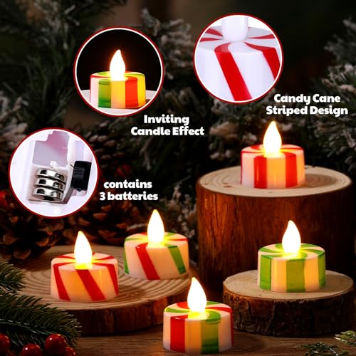 Vihose ANB-VIHOSE-20958 50 Pcs Christmas Battery Tea Light, Candy Cane Striped Decorations, Flameless Electronic Candle, Realistic And Bright Led Wax Candles For Birthday Table Wedding Holiday Party thumb #2