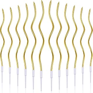 12 Pieces Twisty Birthday Candles Spiral Cake Candles Metallic Cake Cupcake Candles Long Thin Coil Cake Candles with Holders for Birthday Wedding Party Cake Decorations (Gold)