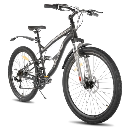 Hiland 26 Zoll Vollfederung Herren Mountainbike, 21 Gang, Mountainbike für Männer Frauen, Doppelscheibenbremse Fahrrad für Männer Frauen Erwachsene Fahrrad Schwarz