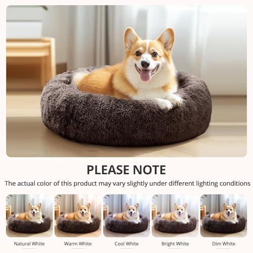 Image of JOLLYVOGUE Calming Dog Bed Medium Size Dog, 31in Donut Washable Medium Pet Bed, Anti-Slip & Anti-Anxiety Fluffy Faux Fur Round Dogs Bed, Fits up to 45 lbs Pets (Chocolate)