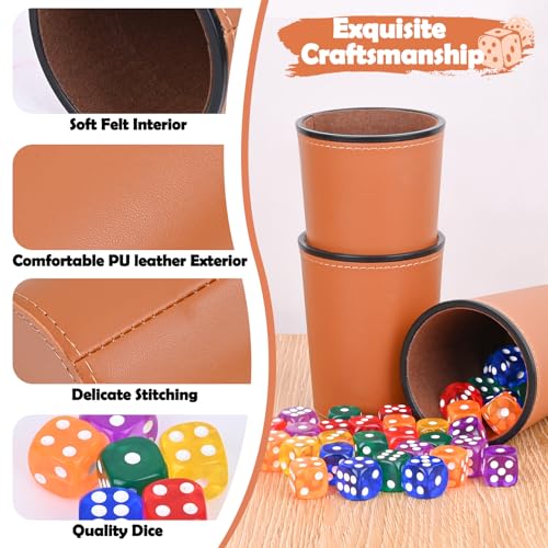 Biamaleu Würfelbecher Leder, 6 Schocken Set﻿ mit 36 Würfeln(16 mm), Würfelbecher mit Würfeln, Würfelbecher Set für Erwachsene Bar-Party Würfelspiele (Braun)