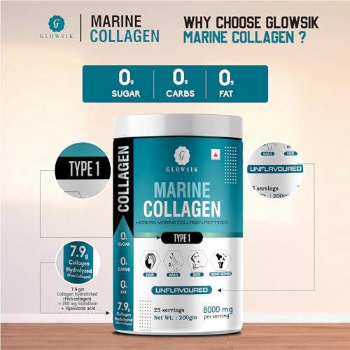 Image of Glowsik Korean Marine Collagen Powder Type 1 Hydrolyzed for Glow Healthy Skin, Hair Collagen Peptides Supplement for Women & Men (Unflavoured - 400 g)