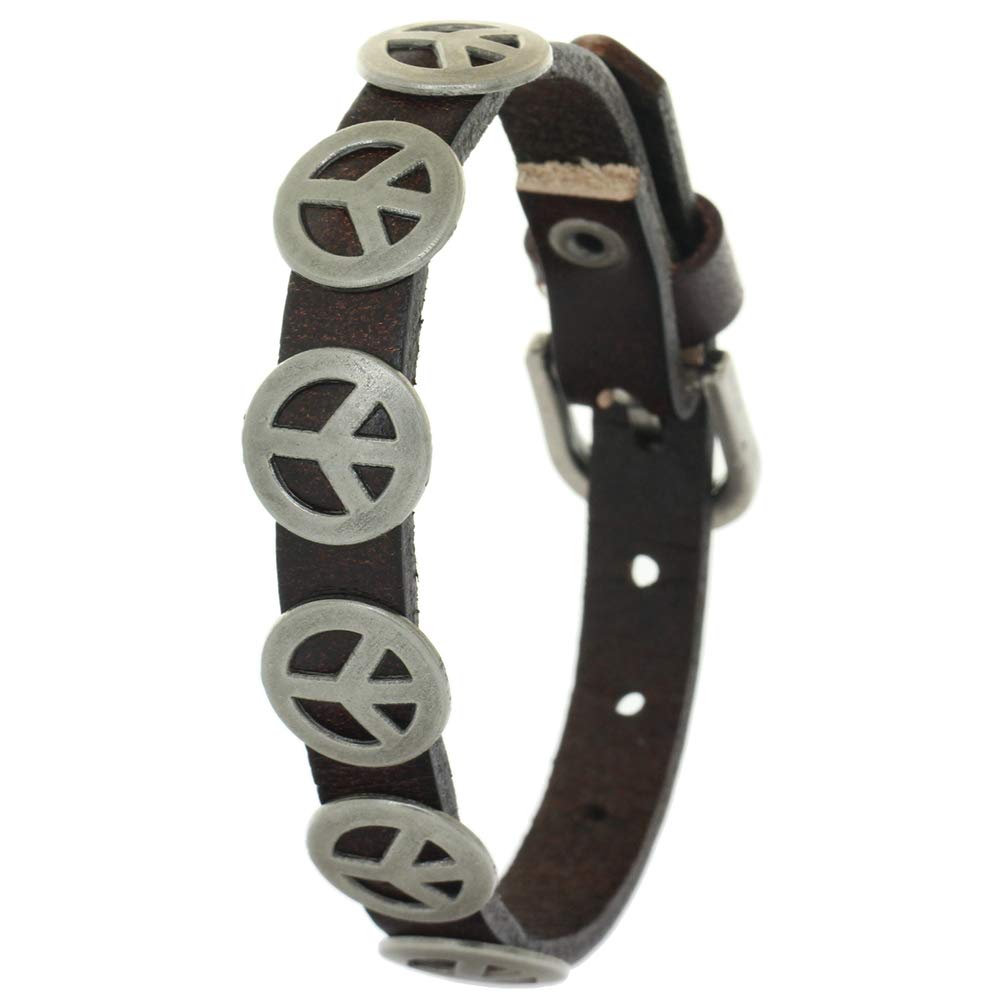 Punk Rivet Stainless Steel Peace Logo Bracelets Genuine Leather Bangles Men Women Jewelry Fashion Gifts