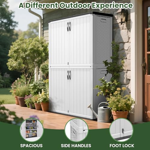 Image of Greesum Outdoor Storage Cabinet Without Shelves, 50 cu.ft Outdoor Waterproof Storage Shed for Garden Tools, Garbage Cans, Pool Storage, White