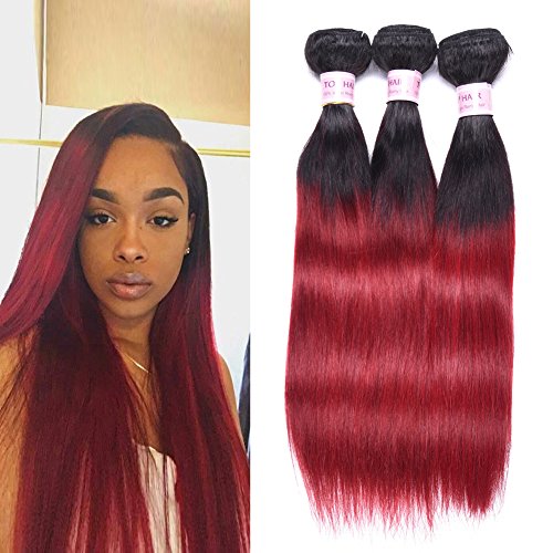 Aigemei Hair Malaysian Ombre Burgundy Hair Extensions Black To Red Straight Weave Ombre Weaves Two Tone (3 Bundles 14 16 18) 50g/Bundle