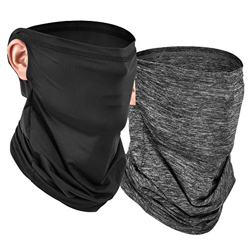 MCTi Neck Gaiter Face Mask, Thin Face Scarf Dust Mask Bandana Balaclavas for Running Cycling Fishing 2 Packed with Ear Hanger Black and Grey