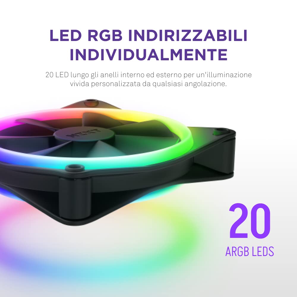 NZXT F140 RGB Duo Twin Pack - RF-D14DF-B1-2 ventole RGB a due lati da 140 mm con controller – 20 LED indirizzabili individualmente – Flusso d'aria e pressione statica bilanciati – Nero
