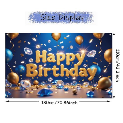 Image of Happy Birthday Backdrop Birthday Party banner | Blue Gold Birthday Banner for Women Boys Girls 71x43.3in Reusable Birthday Background