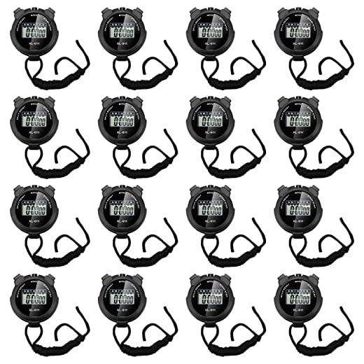 TOODOO 16 Pieces Digital Stopwatch Timer Multi Function Stopwatch Plastic Large Display Waterproof Stopwatch Date Time Alarm Black Watch Timer with Lanyard for Sports Fitness Referees