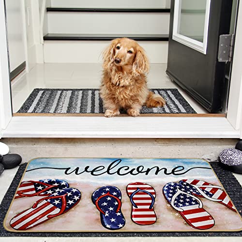 Anydesign Patriotic Welcome Doormat Summer Beach American Flag Slippers Front Door Mat With Anti-Slip Rubber Back 4Th Of July Felt Floor Mat For Independence Day Office Home, 17 X 29 Inch #TOP4