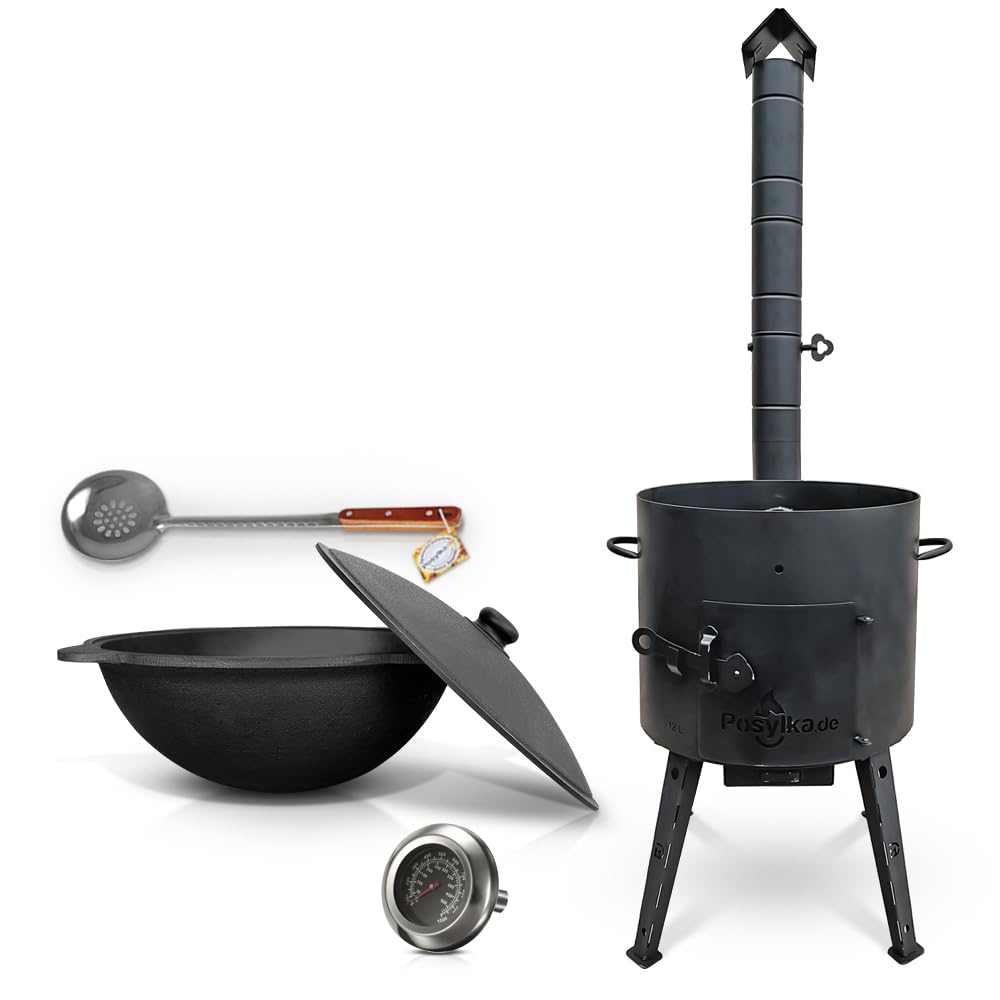 Utschak horno de fuego con termómetro olla de hierro fundido Kazan base redonda con tapa (12 L) espumadera 48 cm KazanOFF, Учаг, exterior, brasero, camping, Kazan, horno holandés con cañón