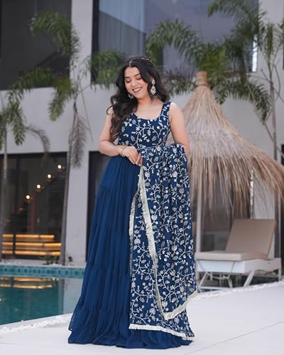 Image of FOXDX Design a New Fuax Georgette Sleeveless Anarkali Gown with Dupatta 2 Peice Pair for Women | 7 mtr Gown Flair | 54 inch Gown Length