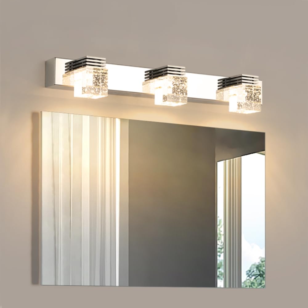 XINYASEE Lámpara de Espejo Baño Cristal Pilar LED Espejo Luces Delanteras, Cuarto de Baño Pasillo Resistente a la Humedad Luces 3000K luz cálida, 6000K luz blanca 6-12W (Luz cálida, Tres cabezas)