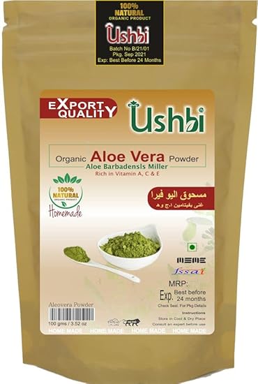 USHBI 100% Natural and Pure Aloe Vera Leaf Powder | Ideal for Dehydrated Skin | Hair, Face and Body (100 g)