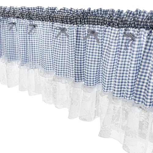 Cenefa de cortina a cuadros con ribete de encaje y diseño de lazo para cocina, baño o uso al aire libre, 59 x 24 pulgadas