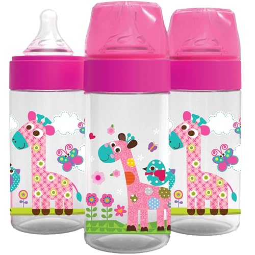 Avima 9 oz Anti Colic Baby Bottles for Breastfed Babies - Medium Flow Nipples, Wide Neck Bottle, BPA Free - 3-6 Months, Stage 2 (Set of 3) Pink Baby Bottles - Giraffes