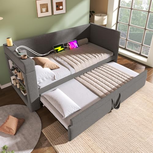 CelticHearth Cama de día tapizada con cama nido 90 x 190 cm, color gris, mezcla de lino, con puerto de carga USB y tipo C, soporte para bebidas, 98 x 207 x 74 cm