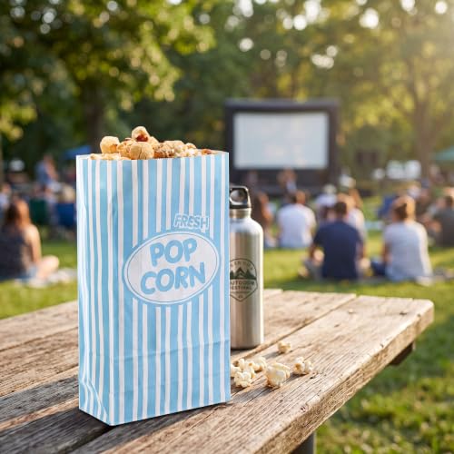 Image of Potchen 300 Pcs Paper Popcorn Bags Bulk 2 oz Large Individual Serving Popcorn Bag Flat Bottom Disposable Container Vintage for Movie Night Themed Summer Back to School Party Carnival (Light Blue)