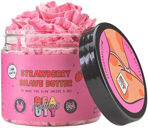 Mallows Beauty Strawberry Shave Butter – Luxuriously Rich, Nourishing Balm with shea butter, coconut oil and vitamin E to Soothe Razor Rash, Ingrown Hairs & Deliver Silky‑Smooth Skin
