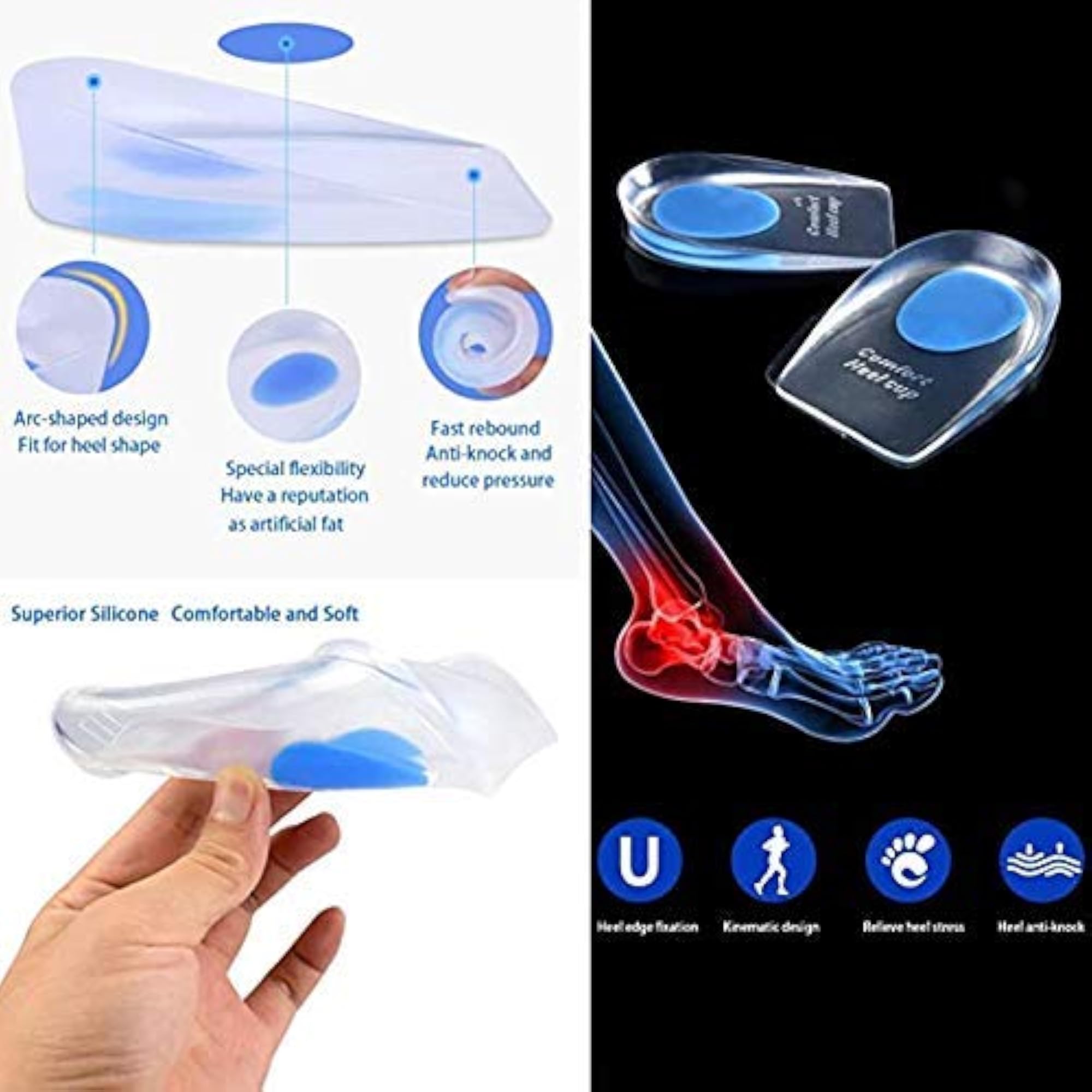Gel Heel Cups, Silicone Heel Pad for Pain Relief