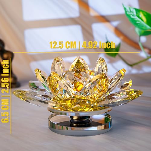 Image of Feng Shui Crystal Lotus Flower Showpiece & Paper Weight | Vastu Decor for Home & Office | Desk Decoration | Feng Shui Items for Good Luck, Wealth & Gifting | Yellow (Large-12.5 x 6.5 CM)