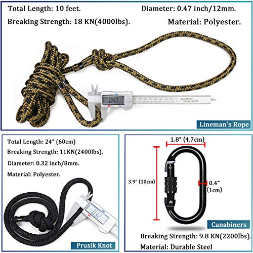 Huntury Lineman\'s Rope, Lineman Belt, Tree Climbing Harness, Quick, Easy and Quiet to Use for Climbing Stand, Hanging Deer Stand, Fall Protection from Treestand, 10Feet - Thumbnail 7
