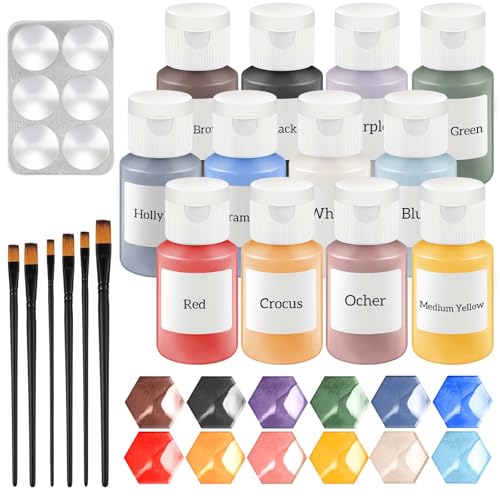 Dunzoom Underglaze for Ceramics Kit Underglaze Paint Colors 12 Ceramic Clay Assorted Colors in 2 Ounce with 6 Pcs Paint Brushes and a Paint Tray Concentrated Opaque Liquid (Underglaze)