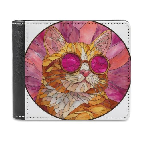 Orange Tabby Kitten Wearing Sunglasses Soft PU Leather Bifold Wallet, Coin Purse Credit Pass Case, Durable Card-Holder Slim Billfold for Men Woman Money Storage