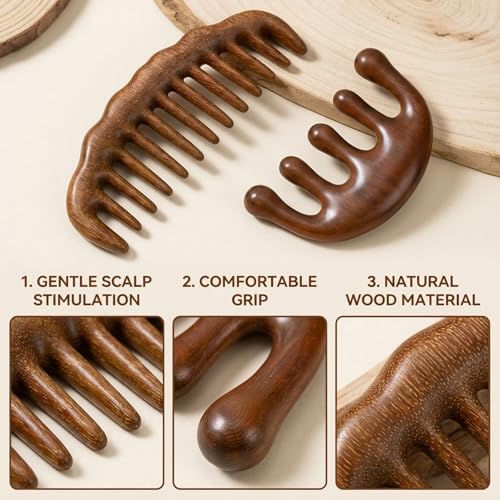 Image of 2pcs Wooden Scalp Massager Comb - Hair Comb for Curly Hair - Wide Tooth Detangling Sandalwood Comb - No Static Natural Aroma Wood Comb for Women and Men