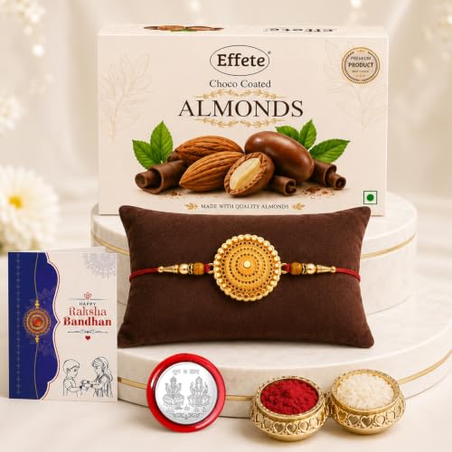 Image of DeoDap Rakhi for Brother with Chocolate - Round Shape Golden Color Rakhi with Almond Chocolate (32 GM) - Silver Color Pooja Coin, Greeting Card & Tilak Set - Tradtional Raksha Bandhan Combo