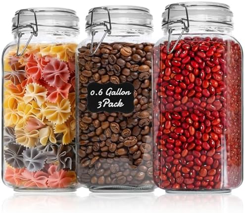ComSaf Airtight Glass Jars with Lids 0.6 Gallon Set of 3, Food Storage Canister Square-Storage Container with Clear Preserving Seal Wire Clip Fastening for Kitchen Canning Flour, Cereal, Pasta, Bean