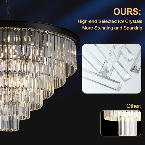 Image of 35 inch Large Crystal Chandeliers 6-Tier Modern Black Living Room Chandelier